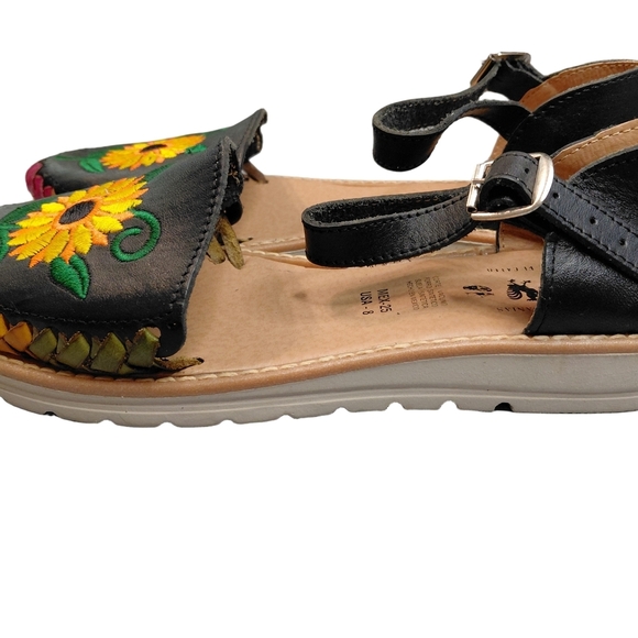 Artesanías Mexican Leather Huarache Sandals Sunflower Embroidery USA 8 - Picture 2 of 6